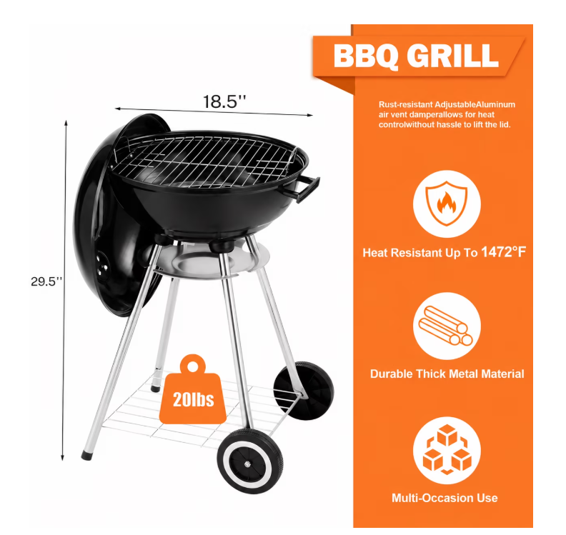 Segmart BBQ Charcoal Grill for Outdoor, 18 Inch Portable Kettle Charcoal Grill with Wheels, Barbecue Oven for Patio, Backyard, Camping, Black