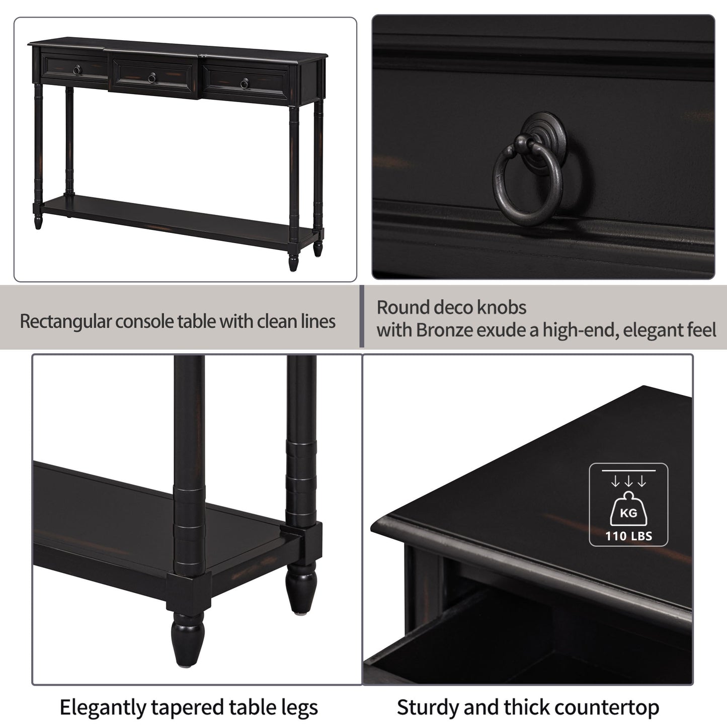Segmart Black Console Sofa Table with 3 Drawers, Wood Buffet Sideboard Desk Bottom Shelf, Retro Tall Entryway Table MDF panel for Kitchen Dining Room Cupboard
