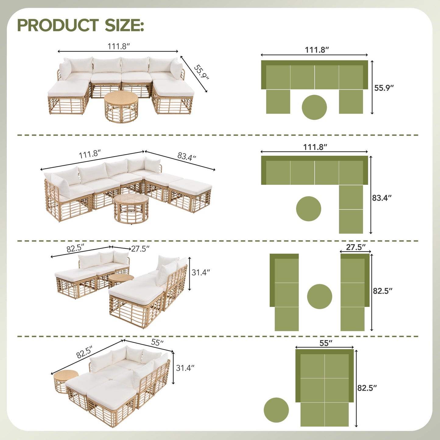 7 Pieces Patio Furniture Set, Wicker Sectional Table and Chairs Sets, Patio Conversation Set with Sectional Chaise Longue, Coffee Table, Suitable for Porch Backyard Garden, Beige
