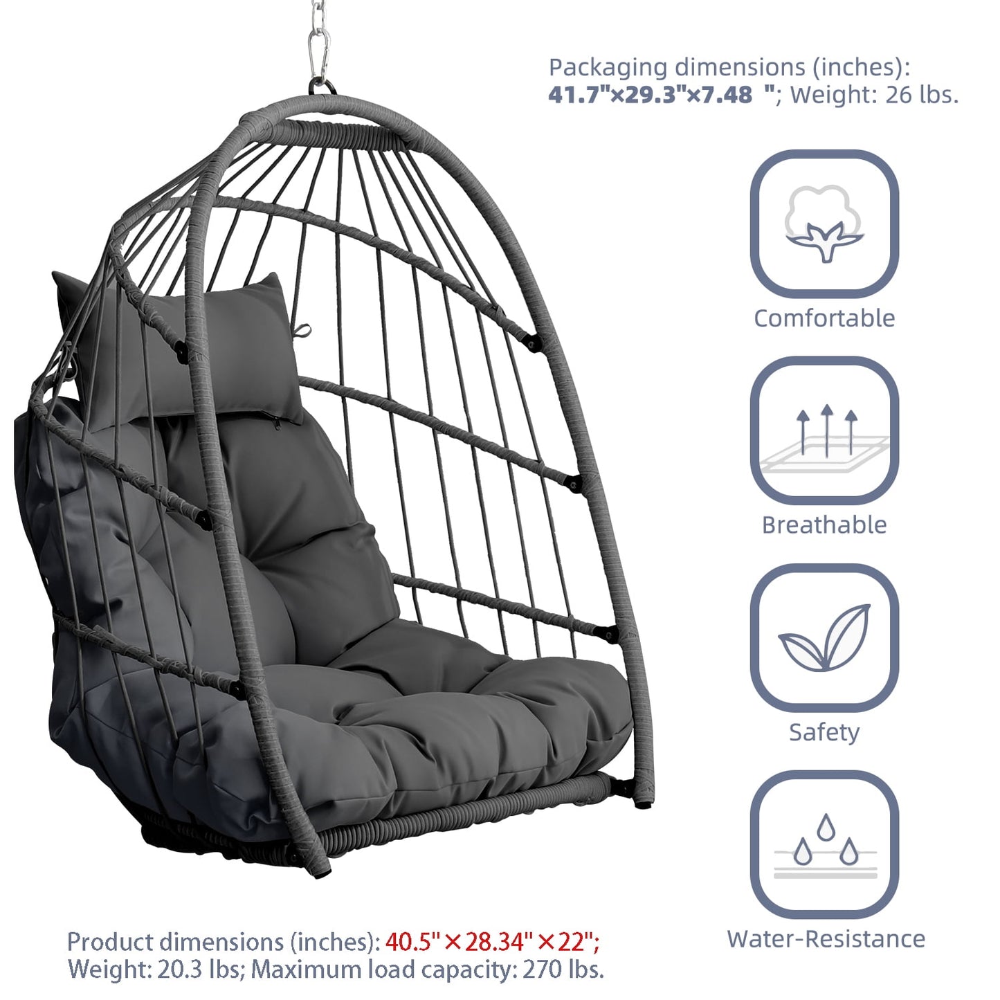 Patio Hammock Hanging Chair, Outdoor Wicker Swing Egg Chair with Stand and Cushion, 250LBS Capacity All-Weather UV Patio Rattan Lounge Chair for Patio, Deck, Yard, Garden, Beige, SS1880