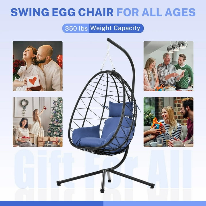 Wicker Hanging Egg Chair with Stand and Cushion, Outdoor Swing Egg-Shaped Chair w/Hanging Kits, Durable All-Weather UV Patio Rattan Lounge Chair for Bedroom, Patio, Deck, Yard, Garden, 350lbs, Navy B