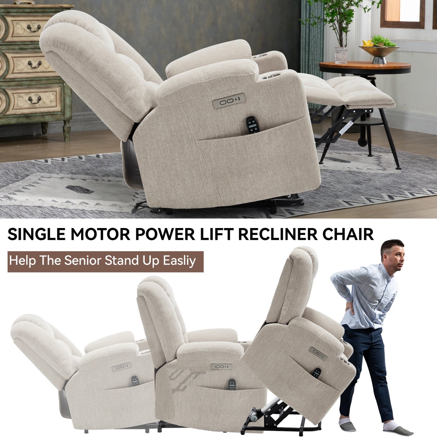 Power Lift Recliner Chair with Massage and Heat for Elderly, Segmart Overstuffed Wide Recliners, Heavy Duty Motion Mechanism with USB and Type C Ports, 2 Steel Cup Holders, Beige
