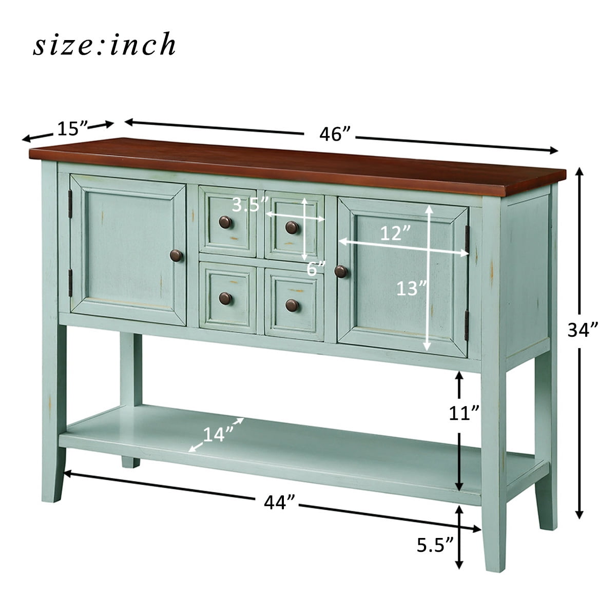 Console Table with 4 Storage Drawers,Storage Vintage Wood Buffet Sideboard Desk with 2 Cabinets and Bottom Shelf, Retro Entryway Table Cupboard for Living Room, Foyer, Hallway