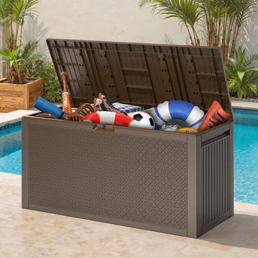 75 Gallon Resin Deck Box, Outdoor Lockable Storage Container for Patio Cushions, Garden Tools, Pool Supplies, Toys, Waterproof and UV Resistant, Brown