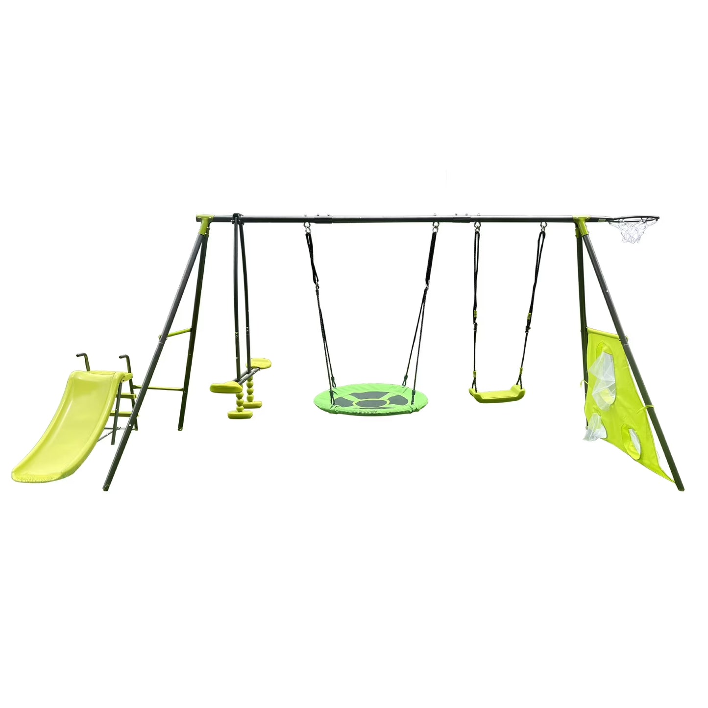 5 in 1 Outdoor Metal Swing Set with Seesaw Swing, Playground Swing Sets with Heavy-Duty A-Frame Metal Outdoor Stand, Swing n' Slide Playset for Kids with Basketball Hoop