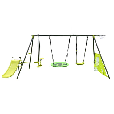 5 in 1 Outdoor Metal Swing Set with Seesaw Swing, Playground Swing Sets with Heavy-Duty A-Frame Metal Outdoor Stand, Swing n' Slide Playset for Kids with Basketball Hoop