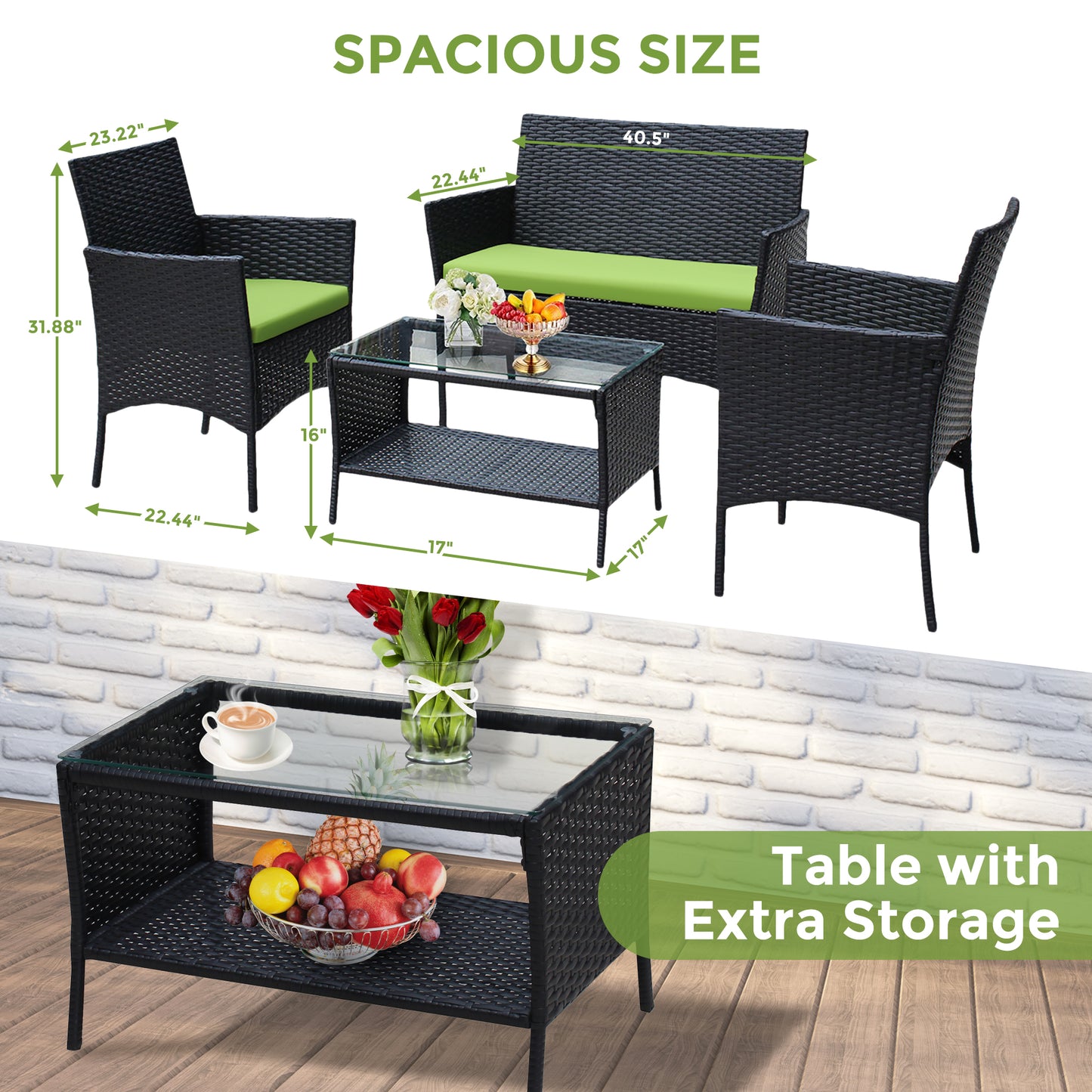 Patio Furniture Set, 4 Pieces Outdoor Rattan Conversation Sofa Set, All-Weather Wicker Patio Sets, Cushioned Sofa and Coffee Table for Garden Deck Courtyard, Green