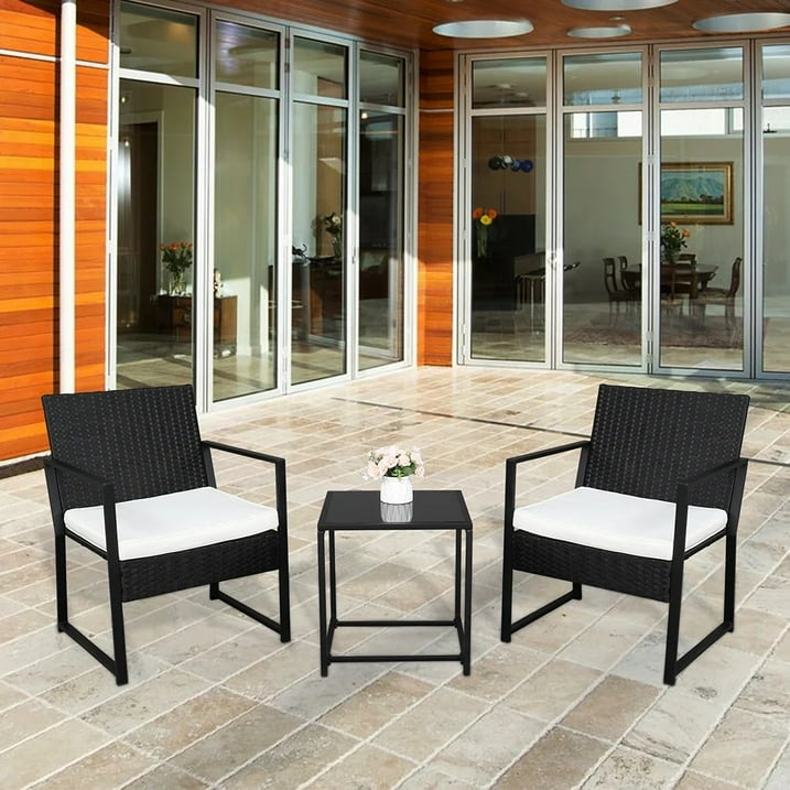 3 Pieces Patio Porch Furniture Sets, Outdoor PE Wicker Rattan Sectional Furniture Set with Removable Cushions & Coffee Table, 2 Armchairs, Conversation Set for Garden Lawn Pool Backyard, Black, S7604