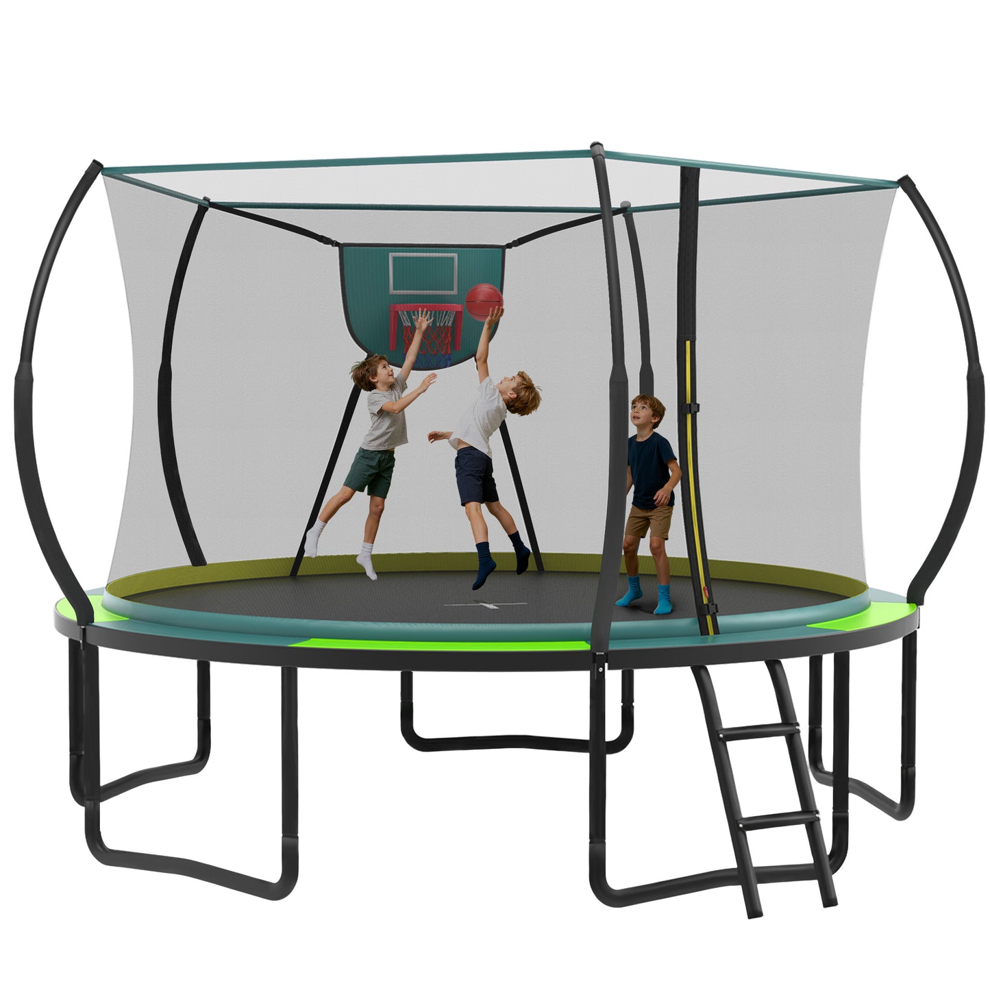 14FT Trampoline with Enclosure for Kids Adults, Outdoor Pumpkin Round Recreational Trampoline with No-gap Design, Heavy Duty Backyard Trampoline with Curved Fiberglass Poles for Indoor Outdoor
