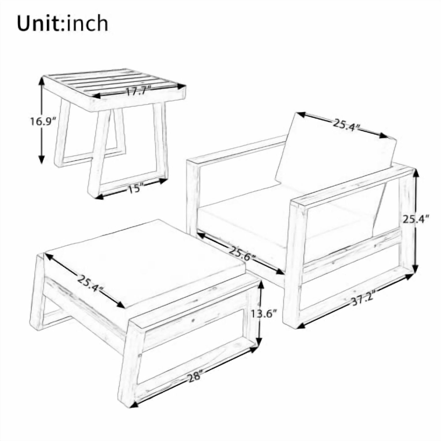 3 Pack Outdoor Lounge Chair, Acacia Wood Chaise Lounge set-Chair & Ottoman, Sunbathing Recliner, Beach Chair, Tanning Chair for Patios, Balconies, and Gardens