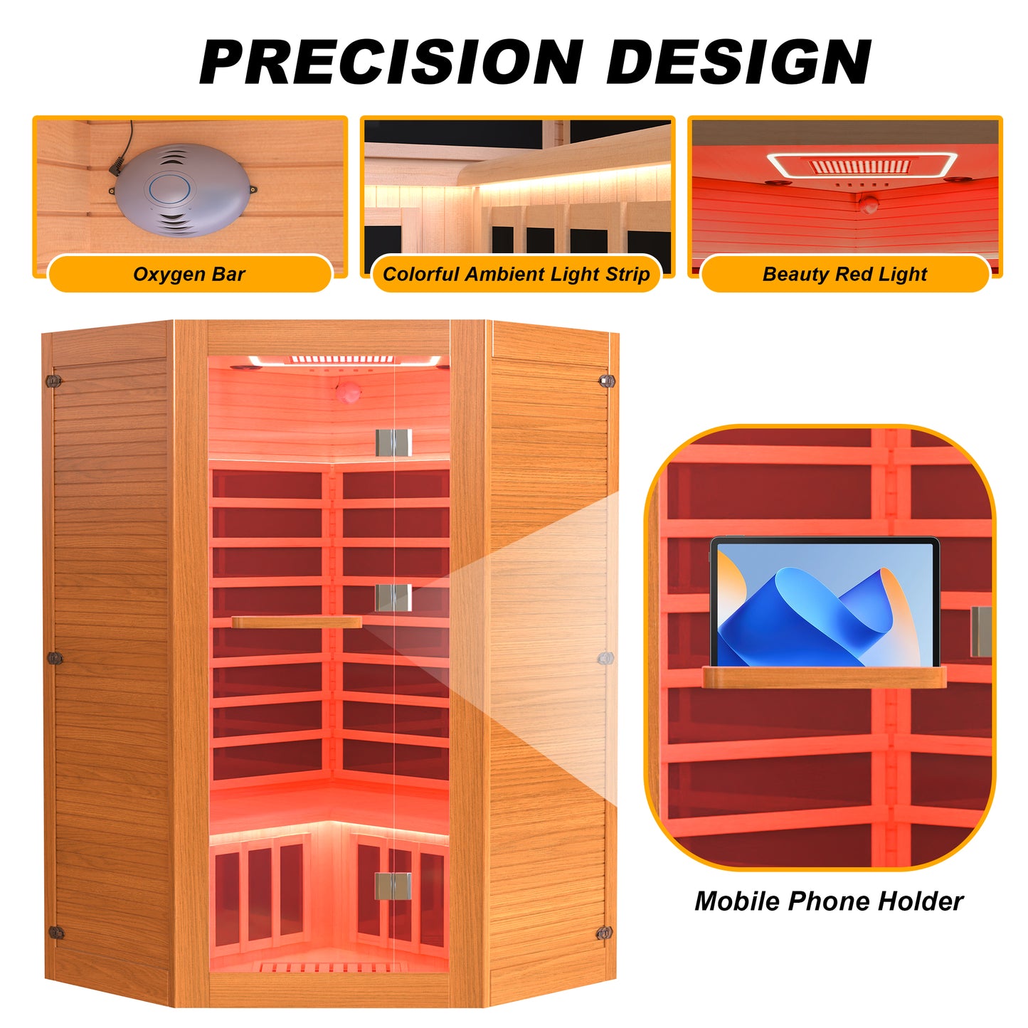Segmart 2-3 Person Home Sauna, Far Infrared Sauna, 2180W Low EMF Infrared Hemlock Wood Sauna with Tablet Stand, Cup Holder, Bluetooth Speakers, 7 Color Ambient LED Strips & Beauty Light