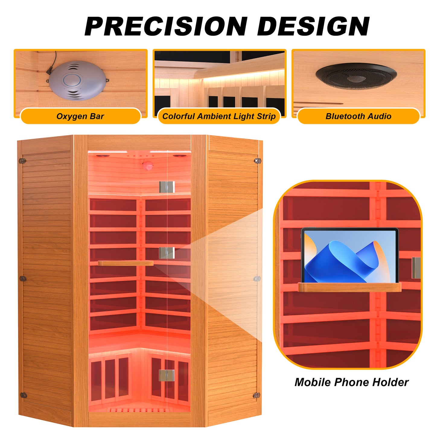 Segmart 2-3 Person Home Sauna, Far Infrared Sauna, 2100W Low EMF Infrared Hemlock Wood Sauna with Tablet Stand, Cup Holder, Bluetooth Speakers, 7 Color Ambient LED Strips