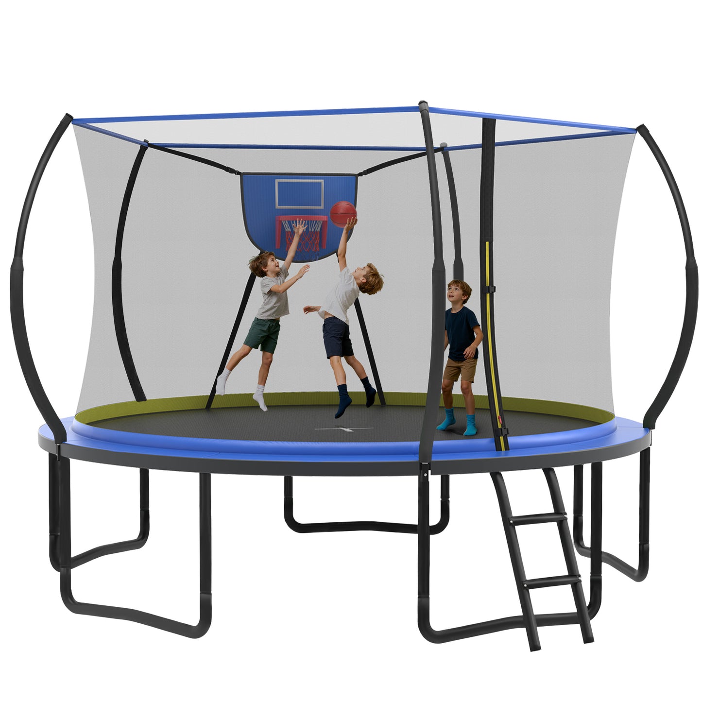 14FT Trampoline with Enclosure for Kids Adults, Outdoor Pumpkin Round Recreational Trampoline with No-gap Design, Heavy Duty Backyard Trampoline with Curved Fiberglass Poles for Indoor Outdoor