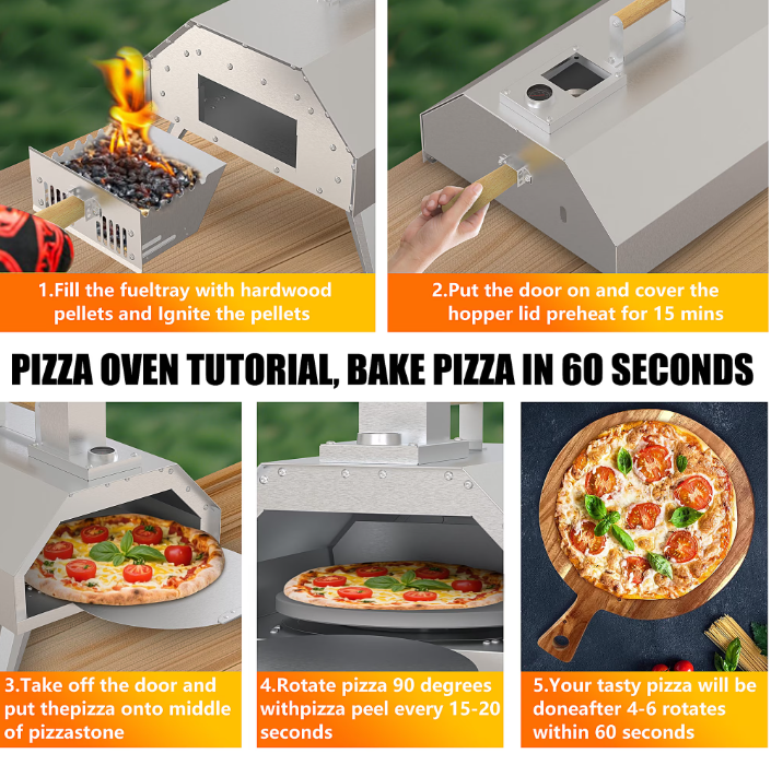 Segmart 12" Wood Pellet Outdoor Pizza Oven with Built-in Thermometer, Rotating Stone, Insulated Stainless Steel