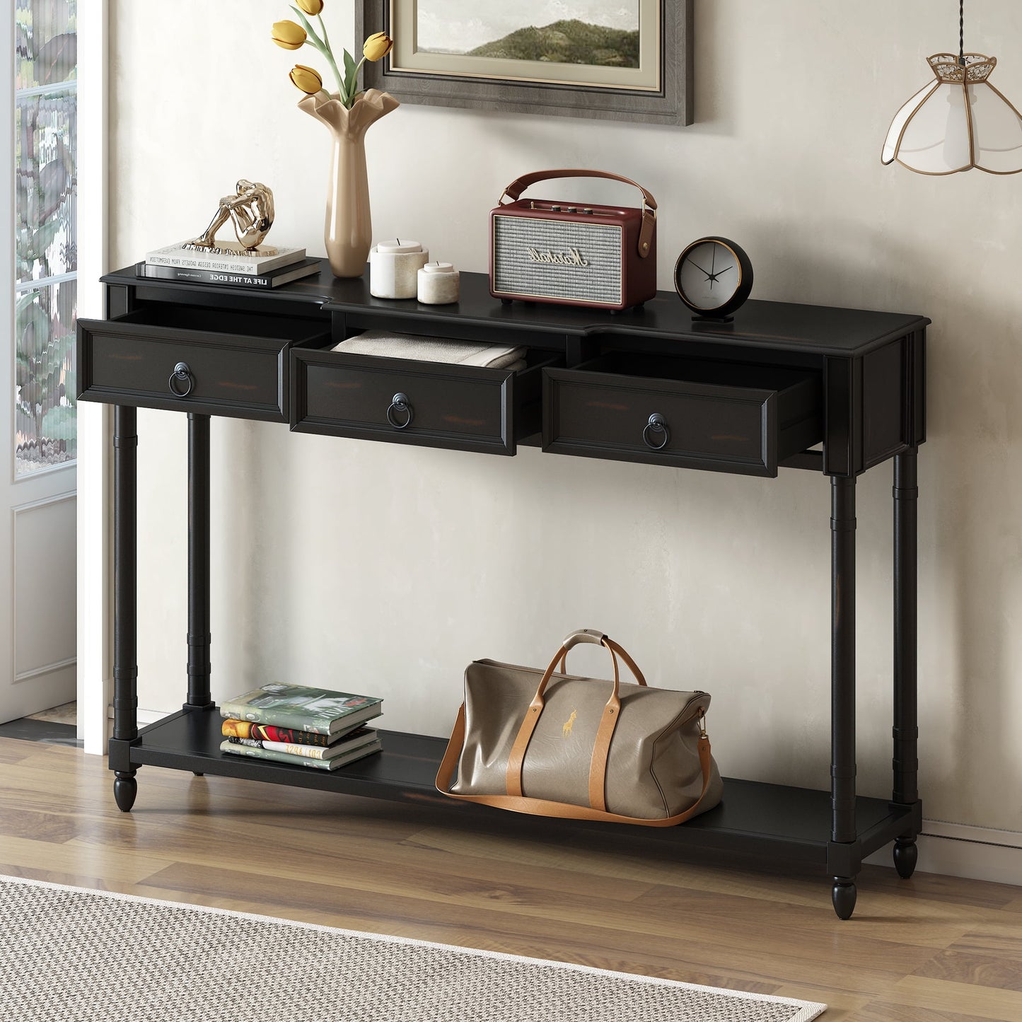 Segmart Black Console Sofa Table with 3 Drawers, Wood Buffet Sideboard Desk Bottom Shelf, Retro Tall Entryway Table MDF panel for Kitchen Dining Room Cupboard