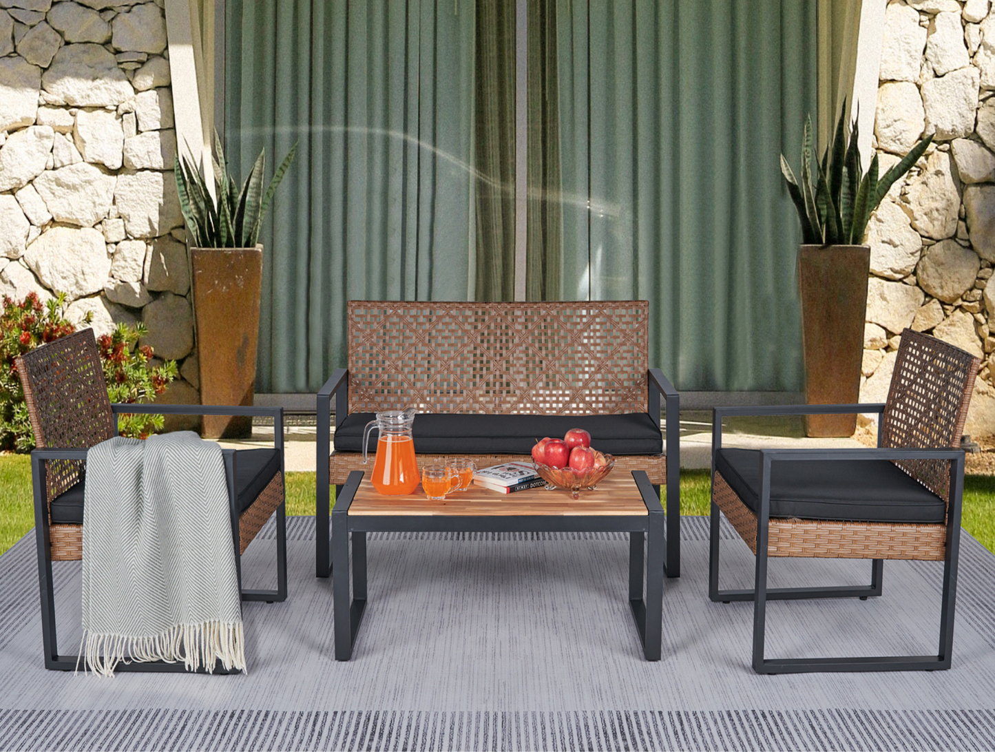 Segmart Patio Furniture Set, Rattan Wicker Chairs Set w/Table for 4, All-weather Conversation Set with Bold Steel Frame Black, Outdoor Furniture for Garden Lawn Backyard