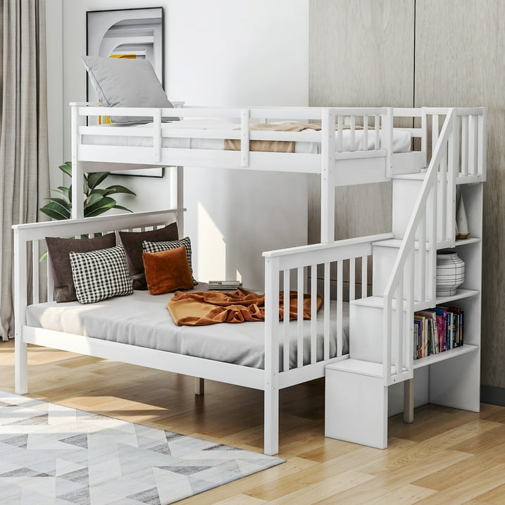 SEGMART Wood Bunk Beds , 76.97'' x 51.57'' Solid Wood Twin-Over-Full Bed, Sturdy Wood Twin-Over-Full Bunk Beds w/ 4 Storage Shelves, 4-Step Ladder, Full-Length Guardrails, 250lbs, S1914