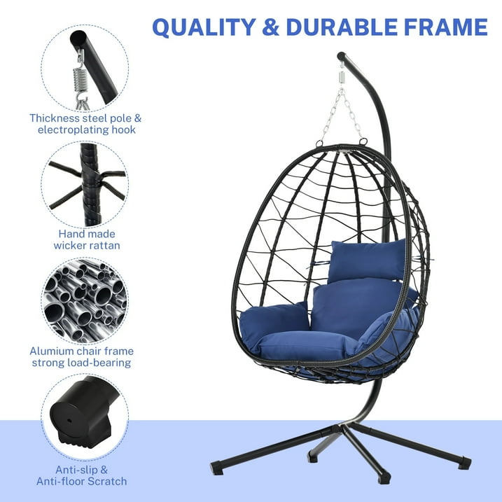 Wicker Hanging Egg Chair with Stand and Cushion, Outdoor Swing Egg-Shaped Chair w/Hanging Kits, Durable All-Weather UV Patio Rattan Lounge Chair for Bedroom, Patio, Deck, Yard, Garden, 350lbs, Navy B