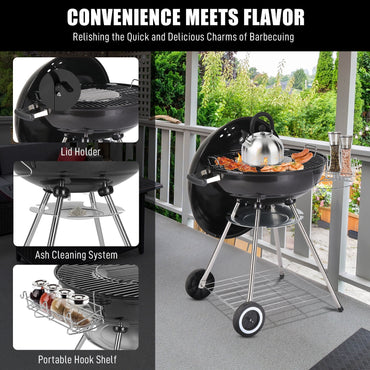 Segmart 28" Portable Charcoal Grill with Wheels, Outdoor Barbecue Kettle Grill for Camping, Tailgating, Backyard BBQ,Adjustable Vents, Removable Ash Catcher