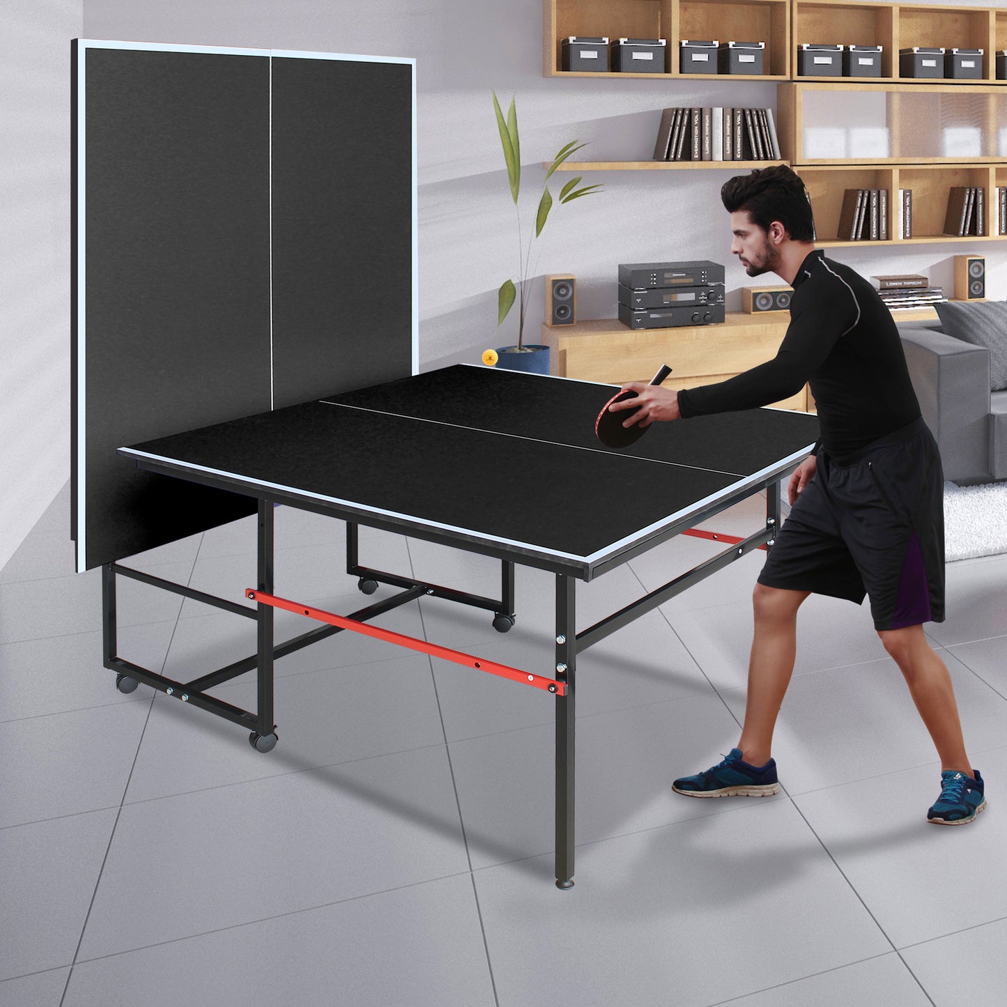 Mid-Size Table Tennis Table, SEGMART 8FT Foldable Outdoor Ping Pong Table with Net, 2 Table Tennis Paddles and 3 Balls, Portable Table Tennis Game Set for Indoor Outdoor, Black