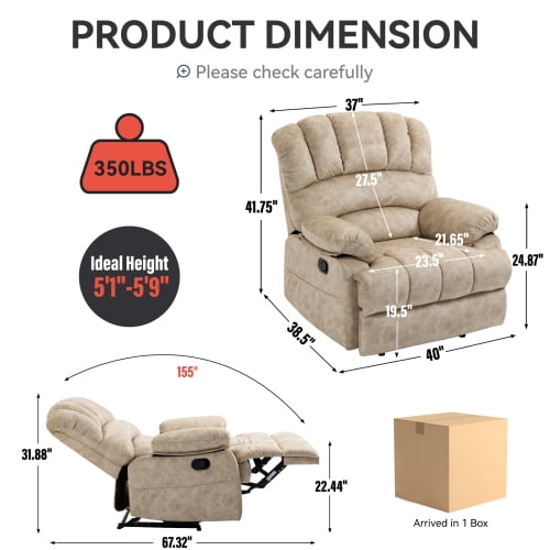 Recliner Chair for Elderly, Heavy Duty 350lbs Classic Plush Velvet Sofa Chair, Ergonomic Lounge Single Sofa with 3 Positions Lift, Plush Arms and Remote Control, Storage Pockets, Beige