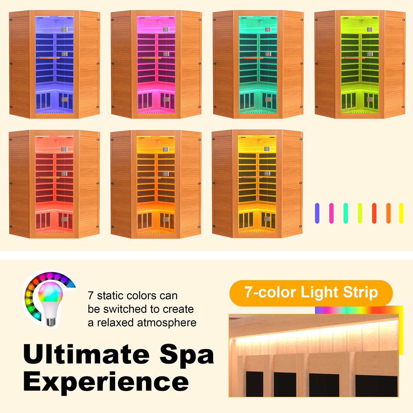 Segmart 2-3 Person Home Sauna, Far Infrared Sauna, 2100W Low EMF Infrared Hemlock Wood Sauna with Tablet Stand, Cup Holder, Bluetooth Speakers, 7 Color Ambient LED Strips