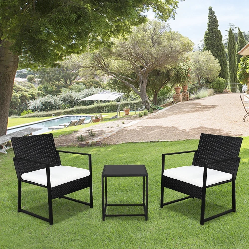 3 Pieces Patio Porch Furniture Sets, Outdoor PE Wicker Rattan Sectional Furniture Set with Removable Cushions & Coffee Table, 2 Armchairs, Conversation Set for Garden Lawn Pool Backyard, Black, S7604
