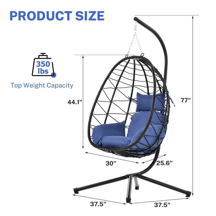 Wicker Hanging Egg Chair with Stand and Cushion, Outdoor Swing Egg-Shaped Chair w/Hanging Kits, Durable All-Weather UV Patio Rattan Lounge Chair for Bedroom, Patio, Deck, Yard, Garden, 350lbs, Navy B