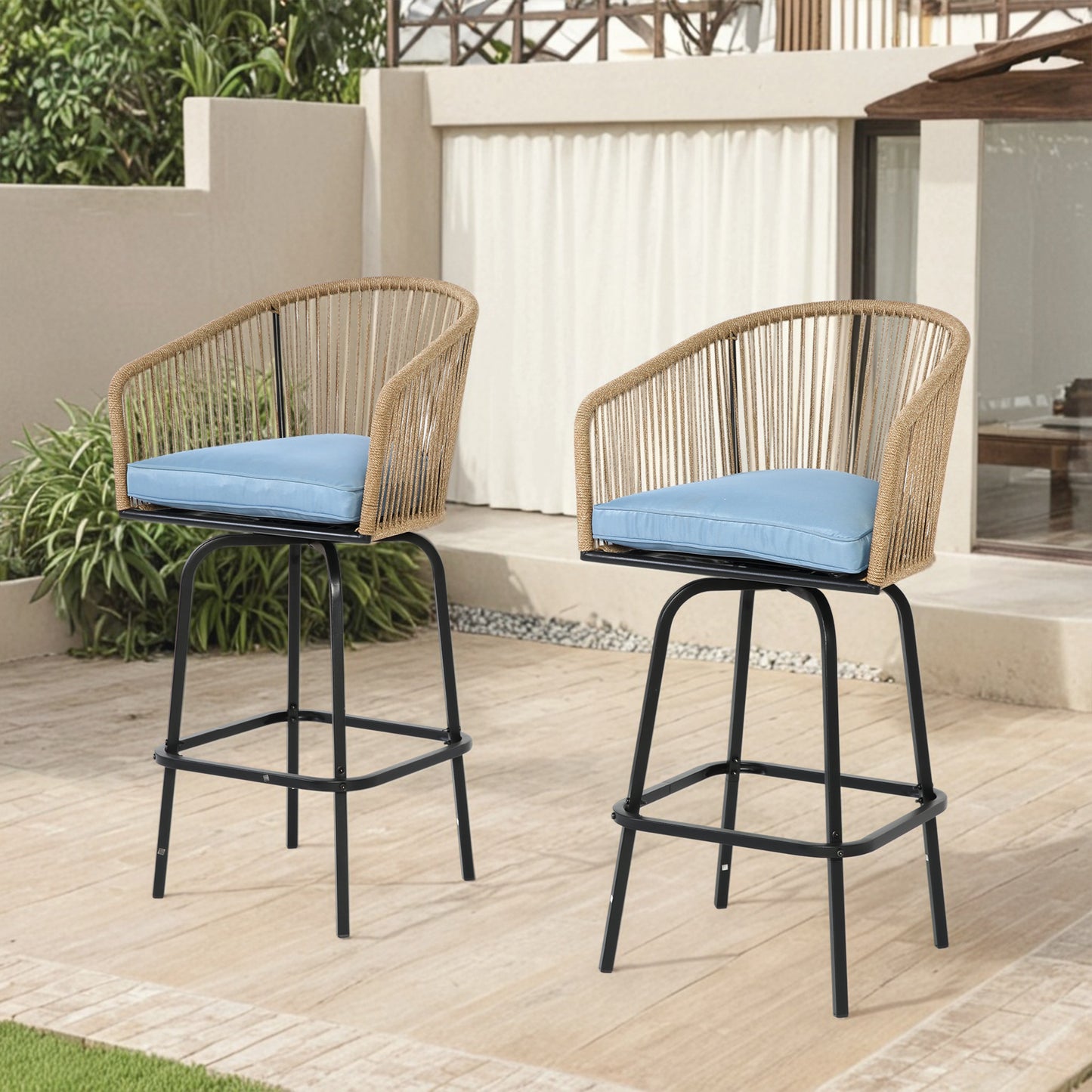 segmart Outdoor Bar Stools Set of 2, 2-Piece Patio Bar Stools with Armrests, All Weather Rattan Bar Chairs with Backrest, Wicker Bar Stools for Backyard, Garden, Pool, Balcony and Deck- blue