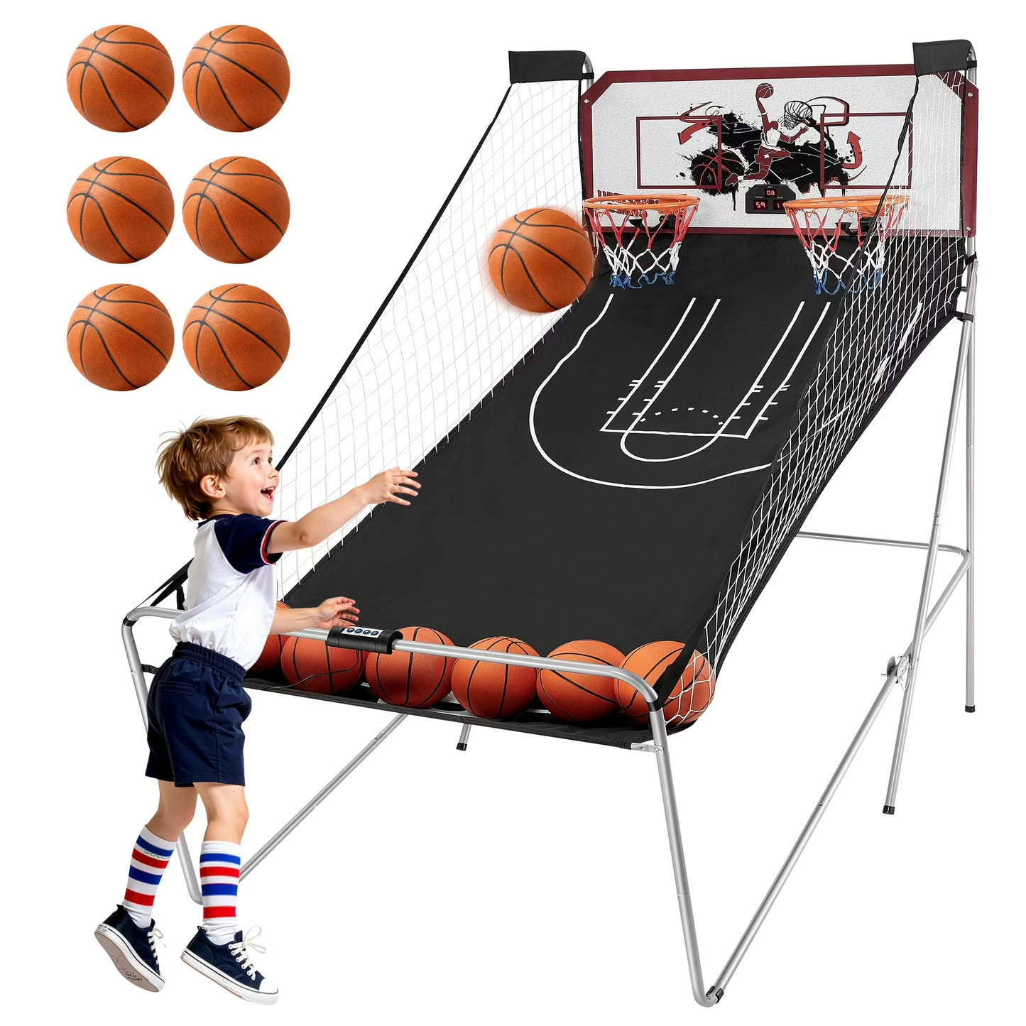 81" Foldable Basketball Arcade Game, Electronic Dual Shot Basketball Games, Indoor Outdoor Basketball Game Machine with 8 Game Options, 6 Balls, LED Scorer, Steel Frame, Inflation Pump for Home