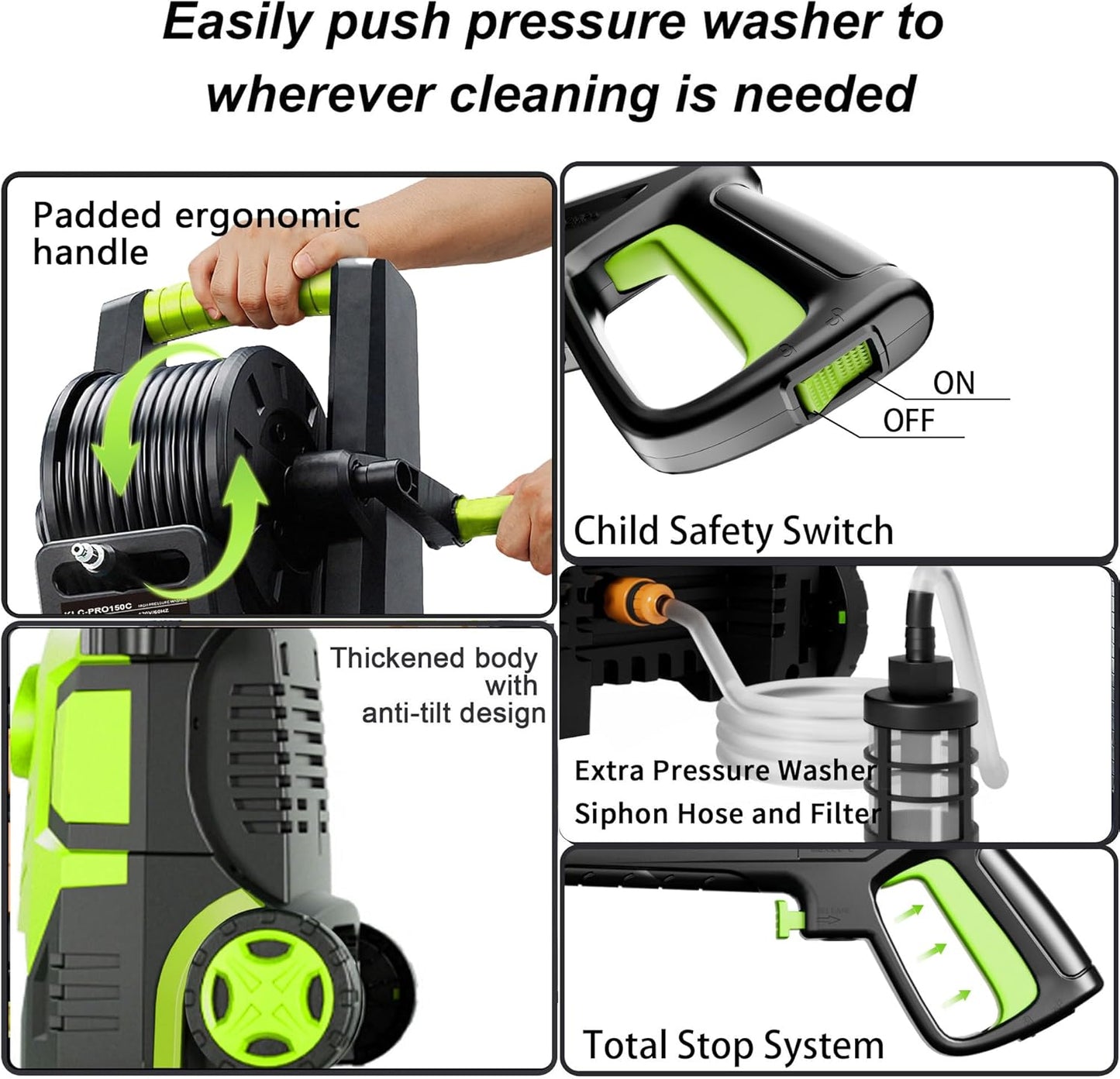 Electric Pressure Washer, Power Washer 5000PSI for Car Patio Wash, w/Total Stop System, Safety Lock, 4 Nozzles, Soap Bottle