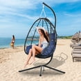 Wicker Hanging Egg Chair with Stand and Cushion, Outdoor Swing Egg-Shaped Chair w/Hanging Kits, Durable All-Weather UV Patio Rattan Lounge Chair for Bedroom, Patio, Deck, Yard, Garden, 350lbs, Navy B