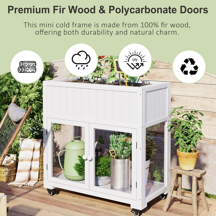 Segmart Mini Wood Cold Frame with 2 Doors,35.4''x17.7''x37.4'' White Raised Garden Greenhouse with Removable Wheels for Outdoor/Indoor Plants