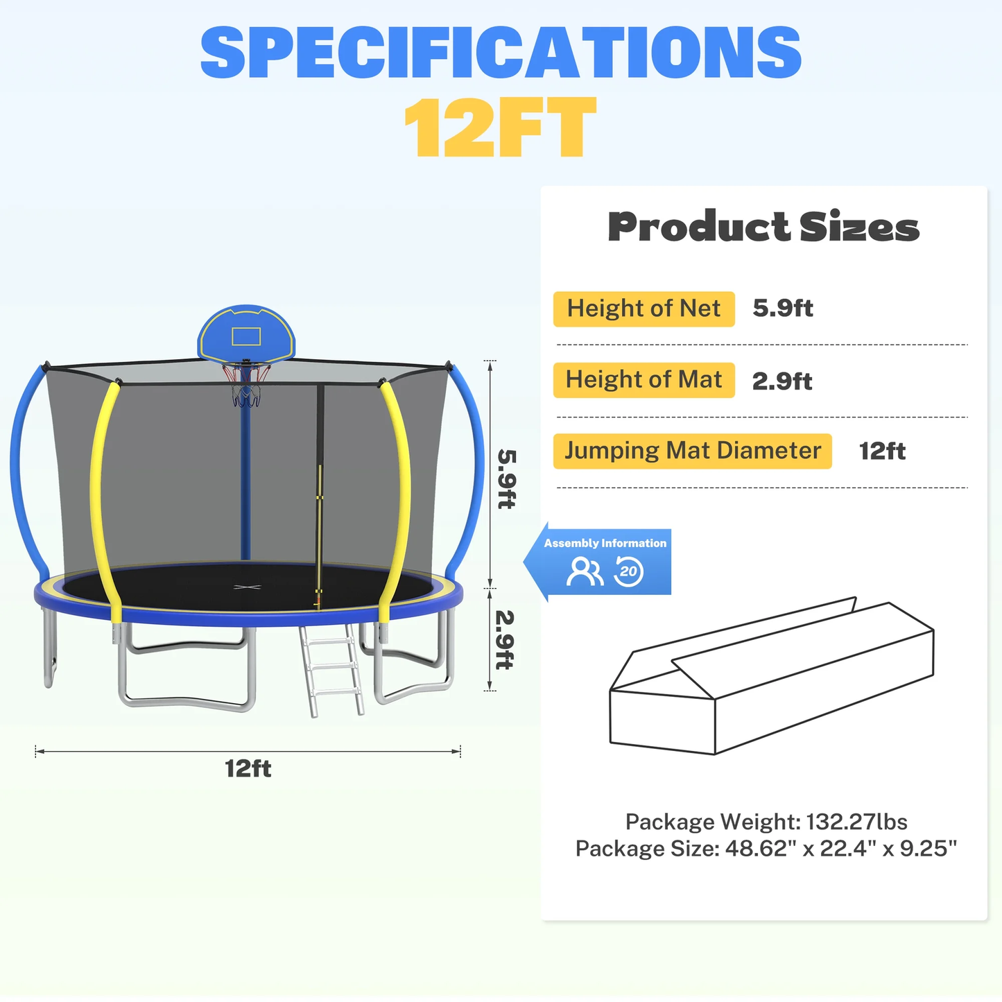 Segmart 12FT Trampoline with Enclosure Net & Basketball Hoop, Heavy Duty