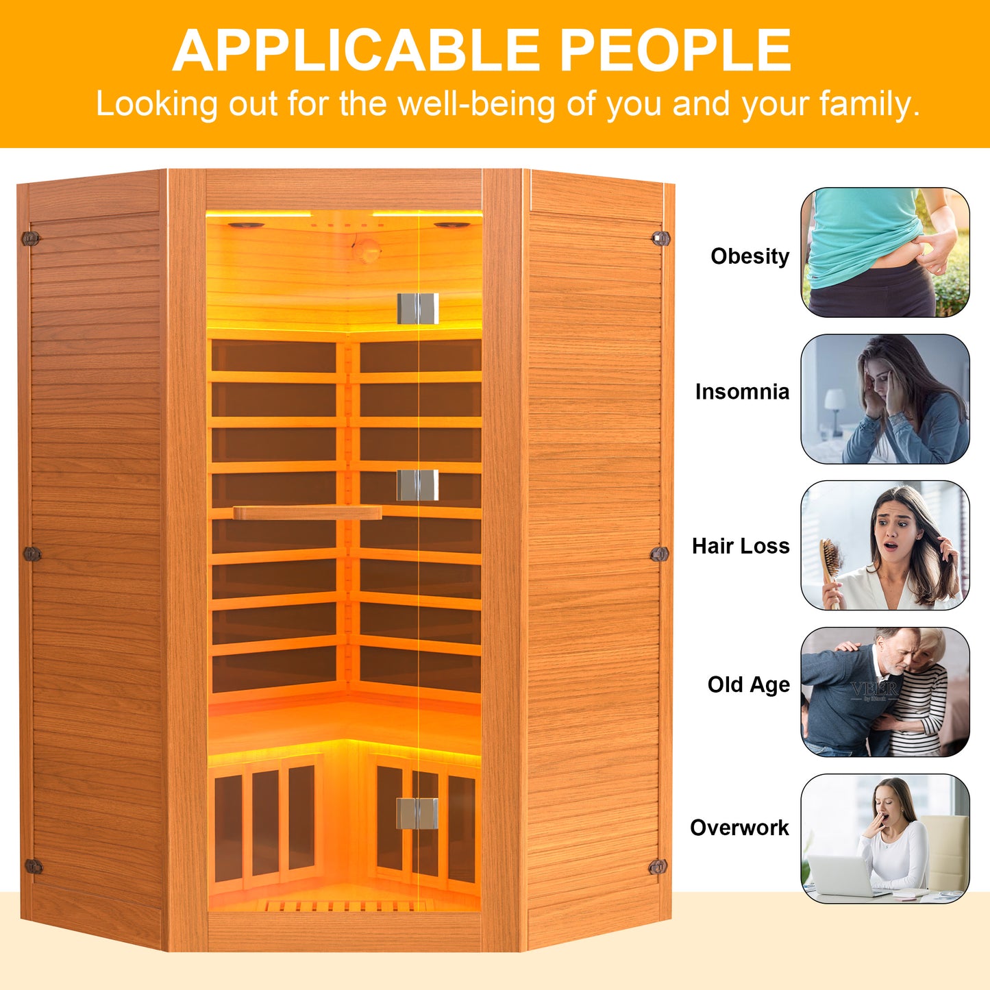 Segmart 2-3 Person Home Sauna, Far Infrared Sauna, 2100W Low EMF Infrared Hemlock Wood Sauna with Tablet Stand, Cup Holder, Bluetooth Speakers, 7 Color Ambient LED Strips