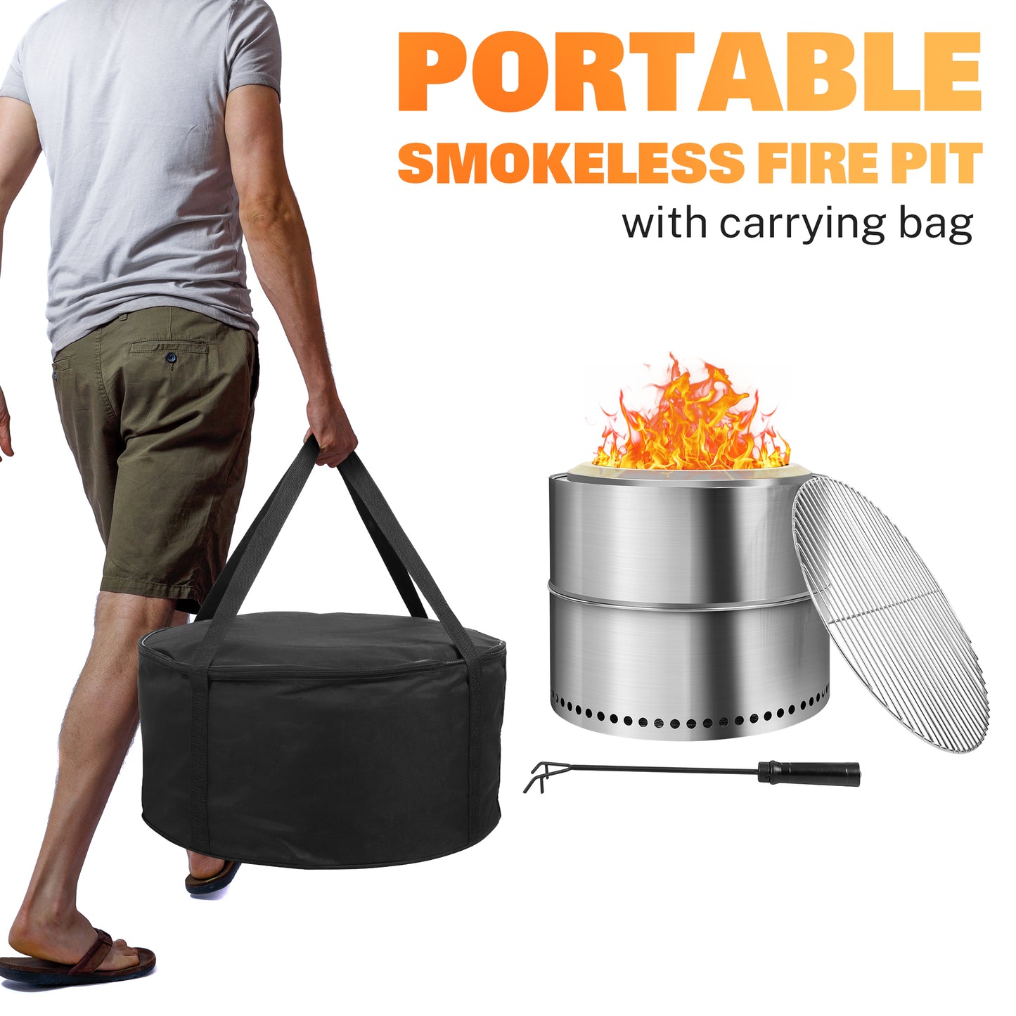 19 Inch Smokeless Fire Pit, Portable Fire Pit with Carry Bag, Low Smoke Firepit for Outside, Bonfire Fire Pit with Removable Ash Pan, Wood Burning Fire Pits for Camping Backyard Patio Garden Picnic