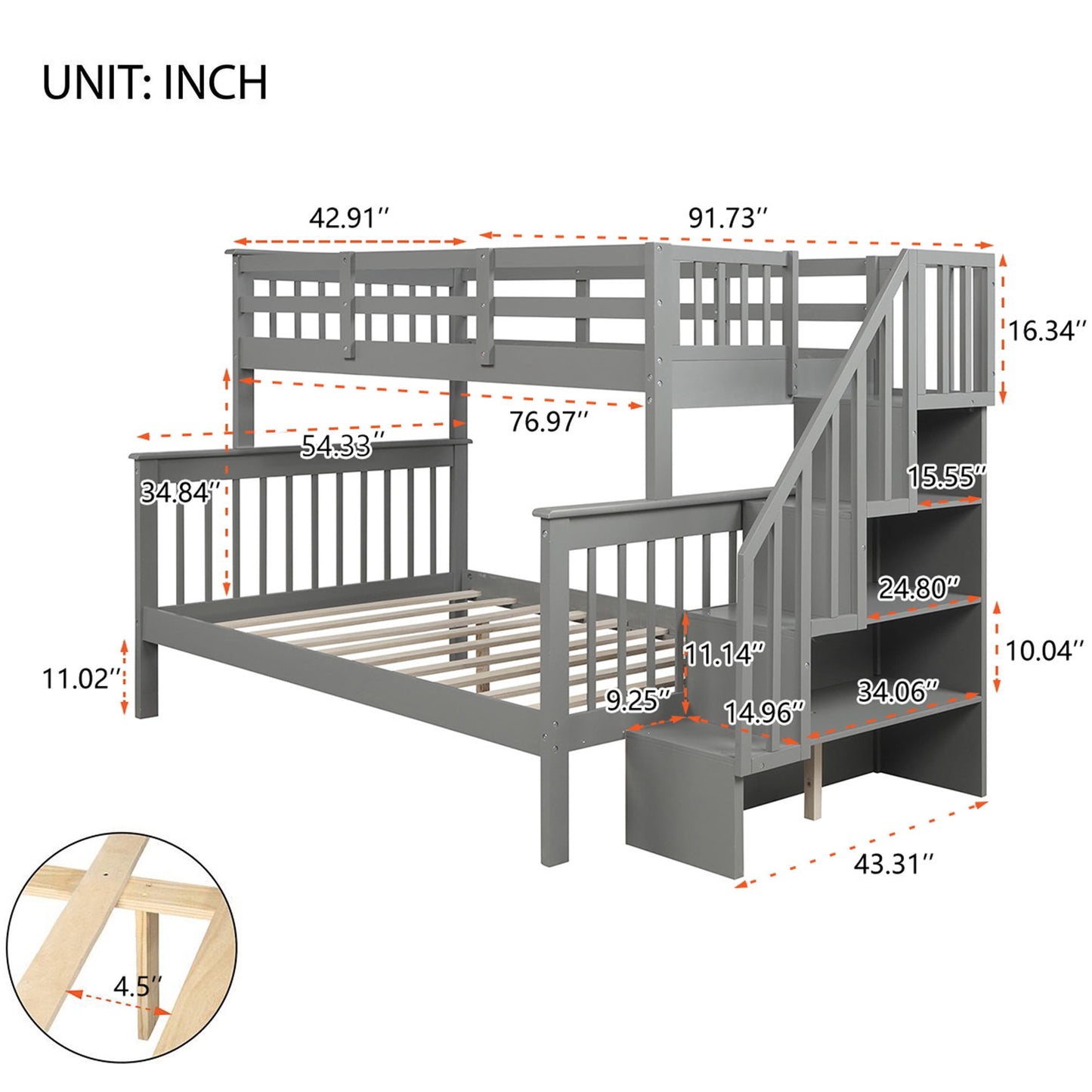 SEGMART Wood Bunk Beds , 76.97'' x 51.57'' Solid Wood Twin-Over-Full Bed, Sturdy Wood Twin-Over-Full Bunk Beds w/ 4 Storage Shelves, 4-Step Ladder, Full-Length Guardrails, 250lbs, SS665