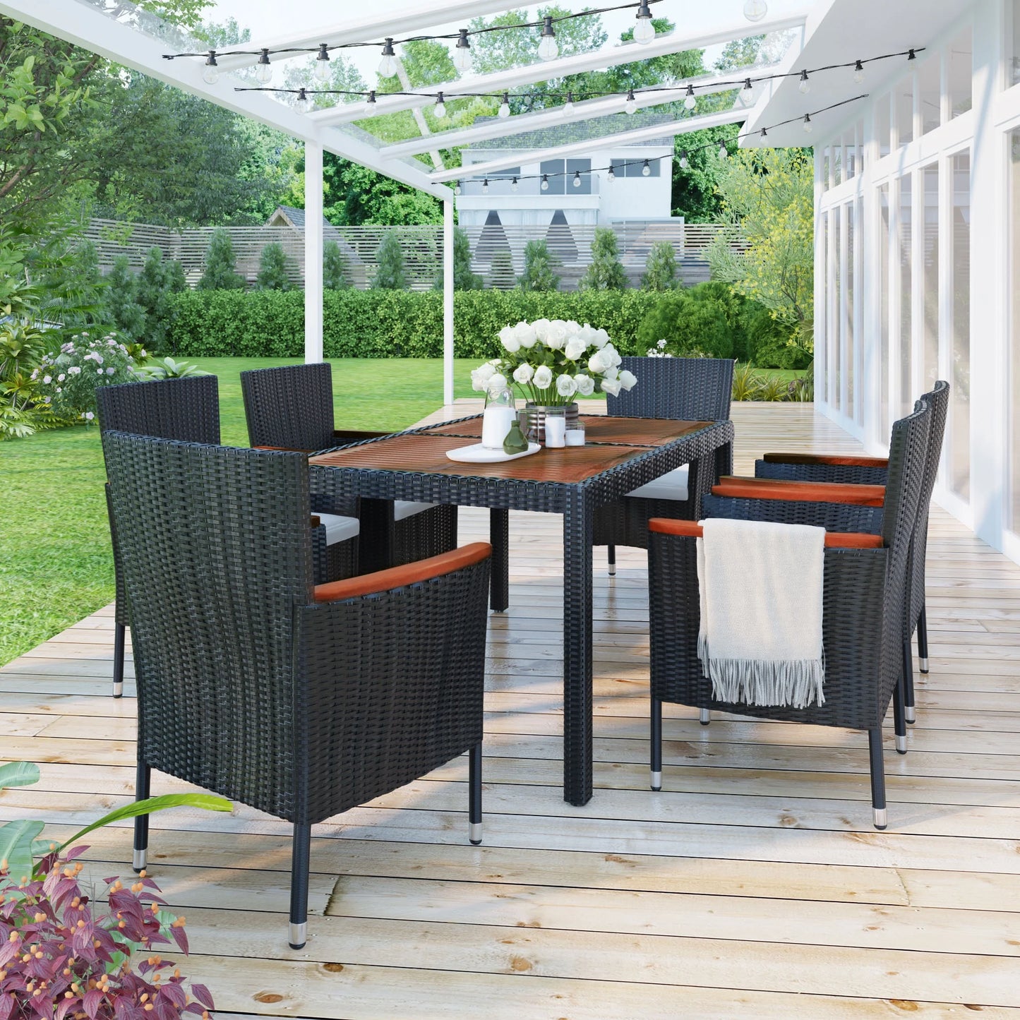 Wicker Patio Dining Set, 7PCS Outdoor Rattan Table & Chairs Set with Wooden Top & Padded Cushions, Deck Furniture Dining Table Set, Garden Porch Backyard Sectional Conversation Set