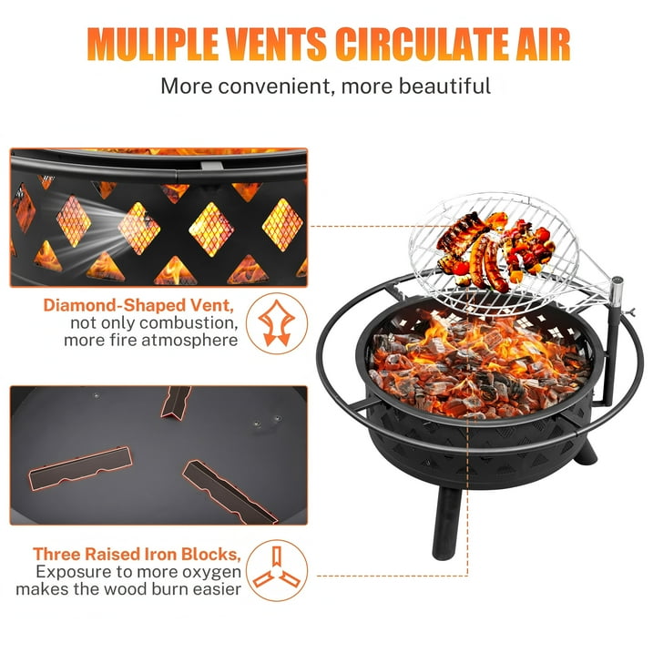 Segmart Fire Pit with Grill Grate, 30'' Outside Round Wood Burning Cooking Bonfire Firepit Bowl with Spark Screen, Diamond Vents Decor Firepit for Outdoor Backyard Garden Patio Bonfire BBQ, Black