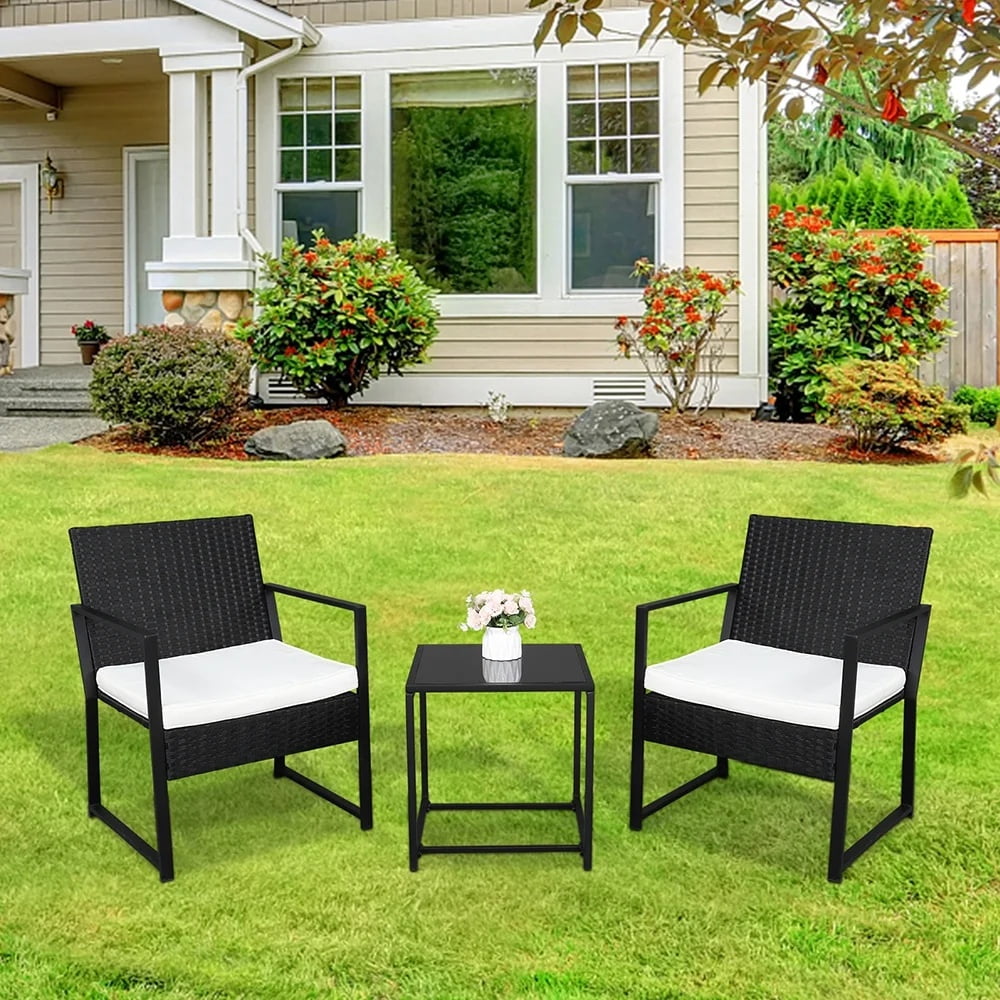 3 Pieces Patio Porch Furniture Sets, Outdoor PE Wicker Rattan Sectional Furniture Set with Removable Cushions & Coffee Table, 2 Armchairs, Conversation Set for Garden Lawn Pool Backyard, Black, S7604