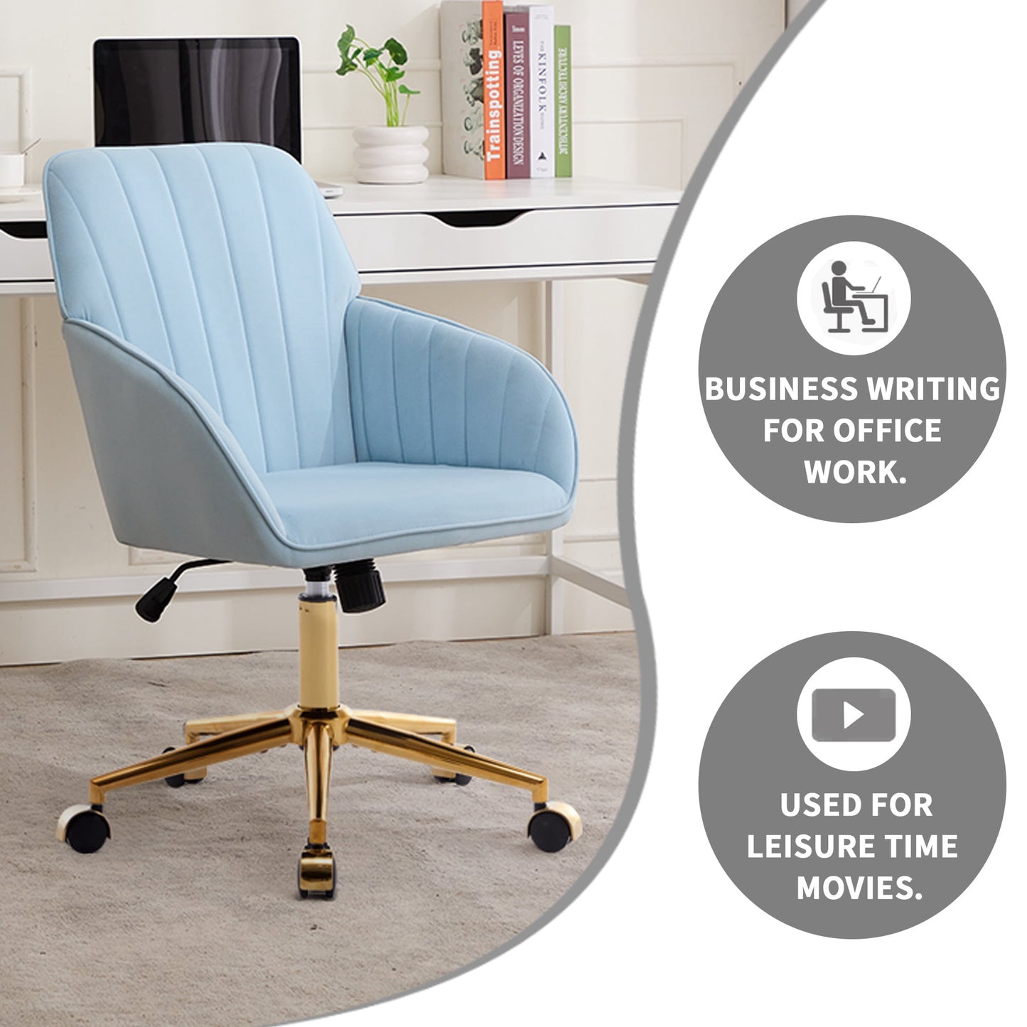 Office Chair with Memory Foam,Adjustable Swivel Desk Chair, Velvet Upholstered, Supportive Backrest for Home Office & Bedroom