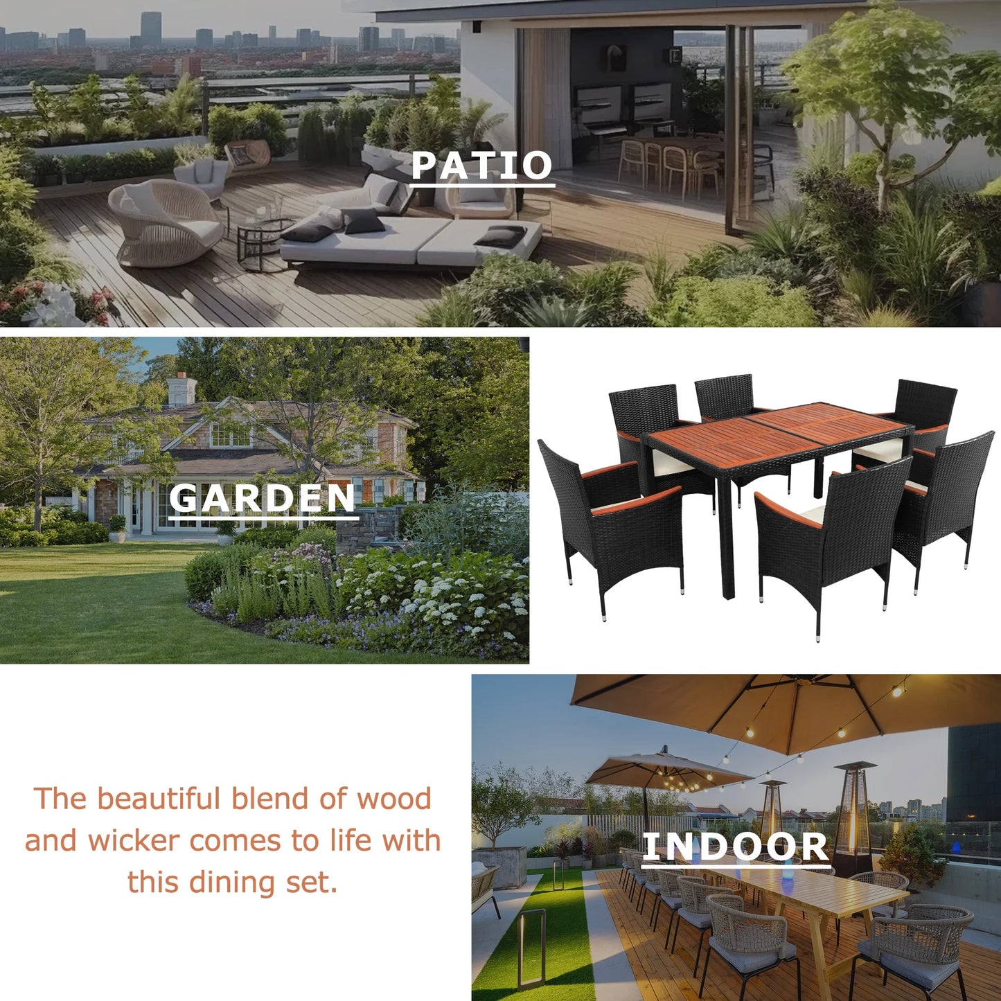 Wicker Patio Dining Set, 7PCS Outdoor Rattan Table & Chairs Set with Wooden Top & Padded Cushions, Deck Furniture Dining Table Set, Garden Porch Backyard Sectional Conversation Set