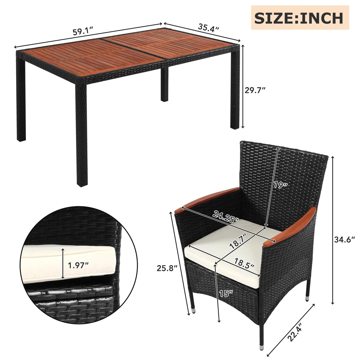 Wicker Patio Dining Set, 7PCS Outdoor Rattan Table & Chairs Set with Wooden Top & Padded Cushions, Deck Furniture Dining Table Set, Garden Porch Backyard Sectional Conversation Set