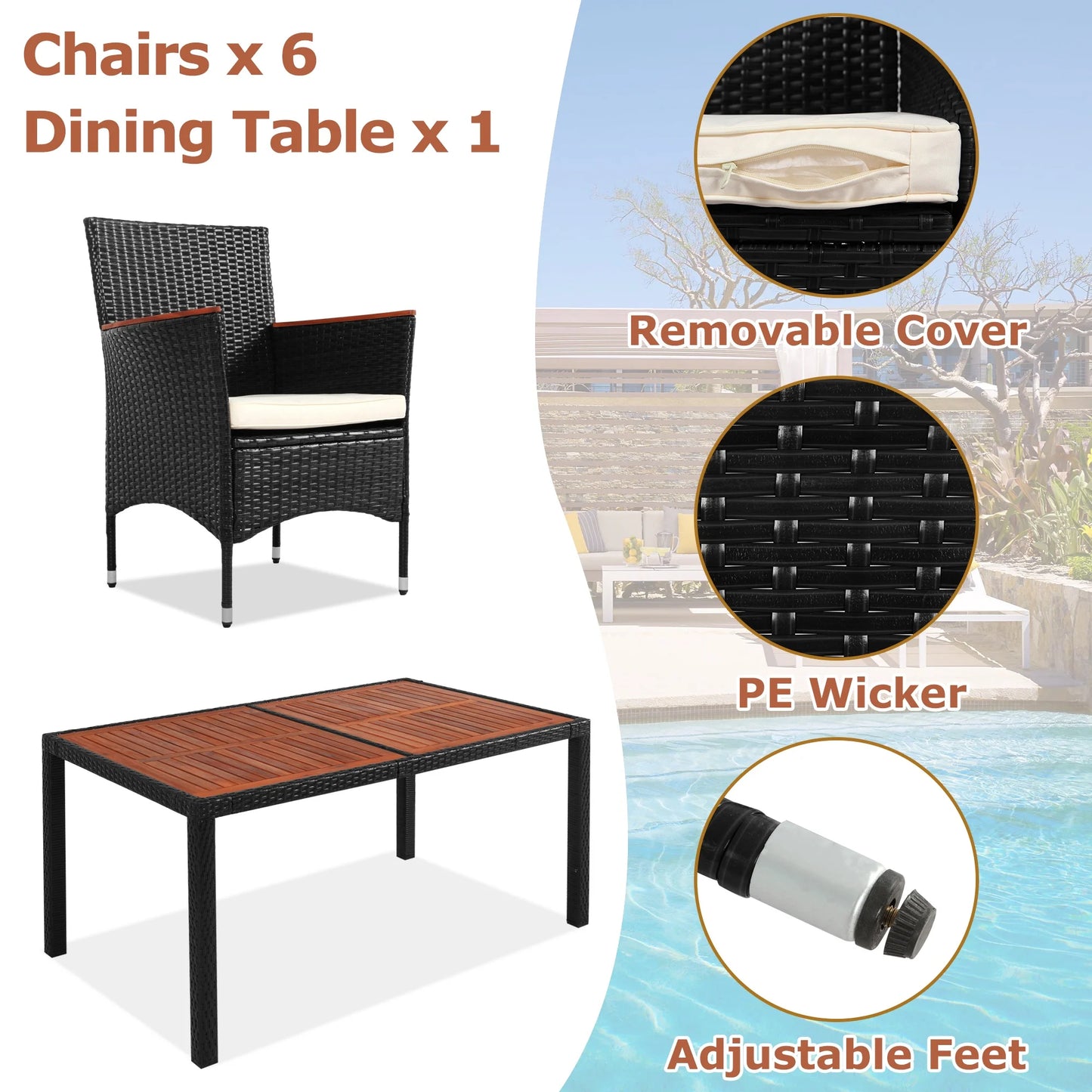 Wicker Patio Dining Set, 7PCS Outdoor Rattan Table & Chairs Set with Wooden Top & Padded Cushions, Deck Furniture Dining Table Set, Garden Porch Backyard Sectional Conversation Set