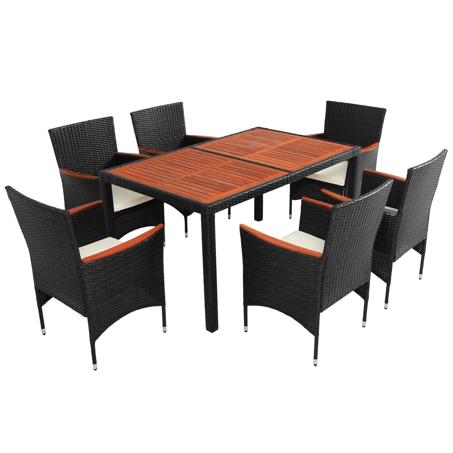 Wicker Patio Dining Set, 7PCS Outdoor Rattan Table & Chairs Set with Wooden Top & Padded Cushions, Deck Furniture Dining Table Set, Garden Porch Backyard Sectional Conversation Set