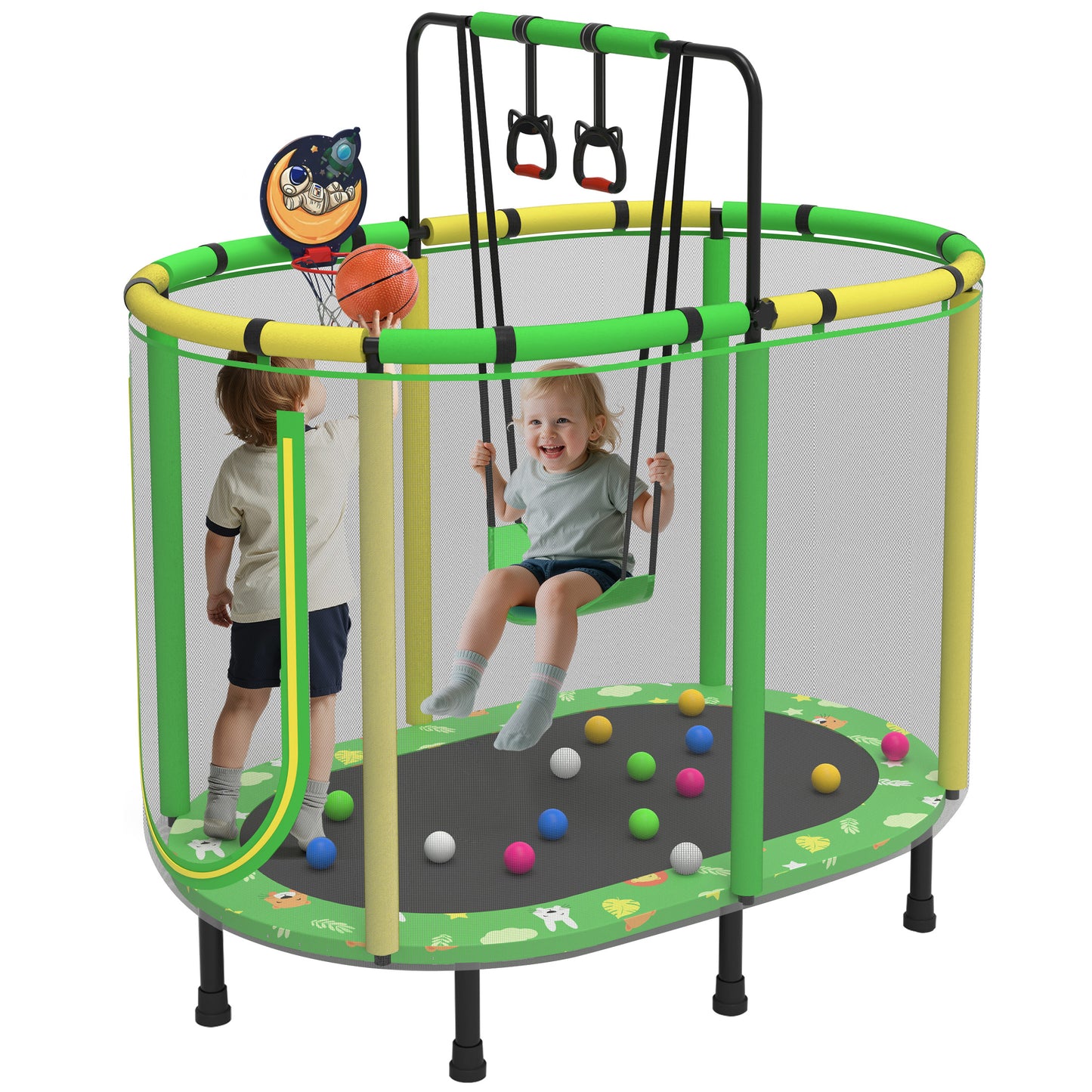 60" Toddler Trampoline with Safety Enclosure Net, SEGMART Upgraded Kids Trampoline with Basketball Hoop, Swing, Rings, Balls, Indoor Outdoor Mini Trampoline Birthday Gift for Kids Ages 3-9