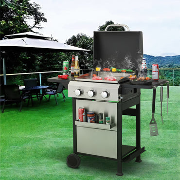 3 Burner Propane Gas Grill and Griddle Combo, Propane BBQ Grill with Foldable Side Table, Hanging Basket, and Tool Hooks for Backyard Camping Cooking, 2 in 1, 36,900BTU Output