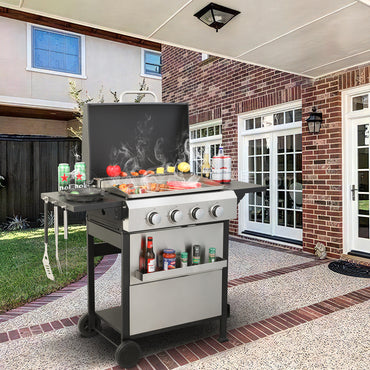 4 Burner Propane Gas Grill and Griddle Combo, Propane BBQ Grill with Foldable Side Table, Hanging Basket, and Tool Hooks for Backyard Camping Cooking, 2 in 1, 49,200BTU Output
