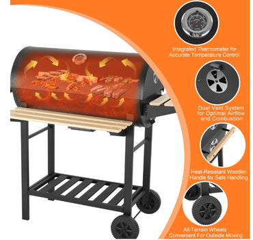 Charcoal Grill Outdoor Barrel Grill, 30 inch BBQ Grill with Warming Rack & Foldable Side Shelf, Offset Smoker Grill with Thermometer for Outdoor Cooking, Black