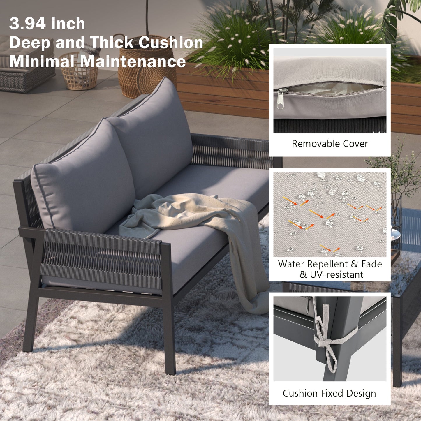 Segmart Wicker Patio Furniture Sets, 4PCS Outdoor Wicker Patio Sectional Sofa w/4 Padded Cushions, Tempered Glass Coffee Table, Armchair, Conversation Sets for Porch Backyard Garden, Beige
